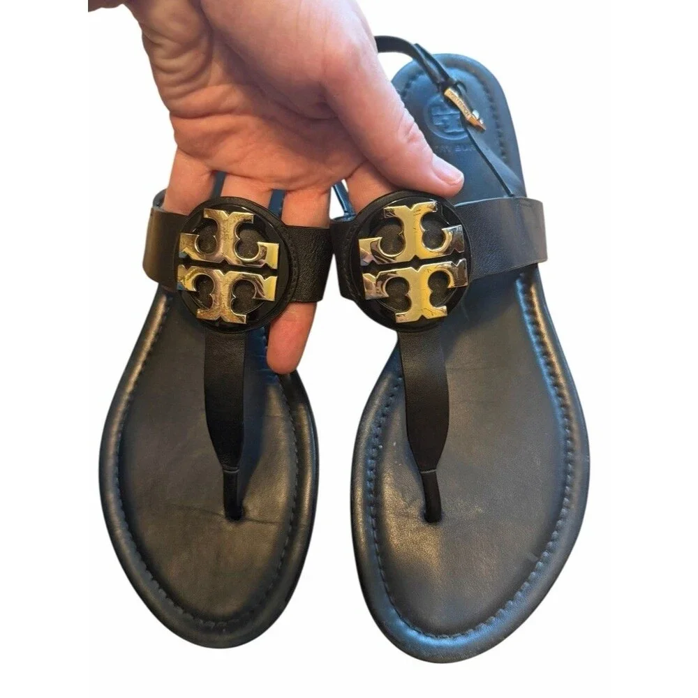 Tory Burch Bryce Logo Black Leather Sandals Flat Thong Flip Flop 9 Womens Summer